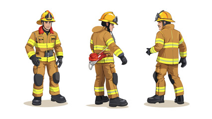 Set of firefighter character in full protective uniform from different angles
