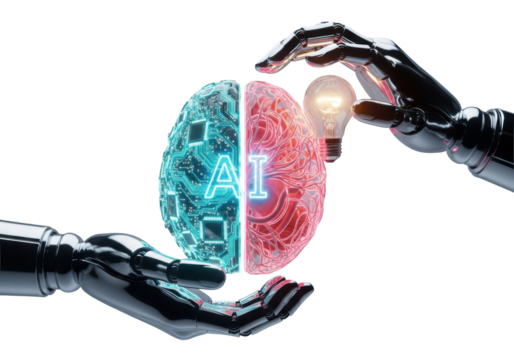 Sleek chrome robotic hands presenting a split hybrid brain (digital circuits/neural tissue) marked 'ai' and an intensely glowing lightbulb against a transparent background. Concept of technological - Powered by Adobe