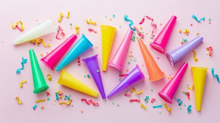 horns. Colorful party horns scattered on a pastel background with festive confetti for joyful celebration. lifestyle magazines.

