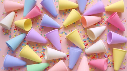horns. Colorful party horns scattered on a pastel background with festive confetti for joyful celebration. lifestyle magazines.
