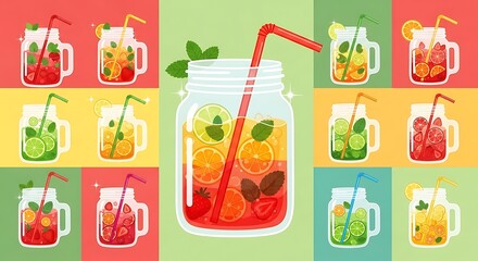 Colorful Fruit Infused Water Collection in Mason Jars.