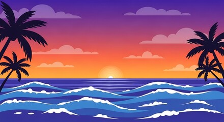 Obraz premium Vibrant Ocean Sunset Landscape with Palm Tree Silhouettes.