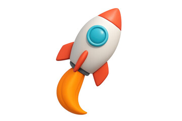Cartoon rocket launching into space symbolizing business startup, innovation, success, speed, and new project concept on transparent background