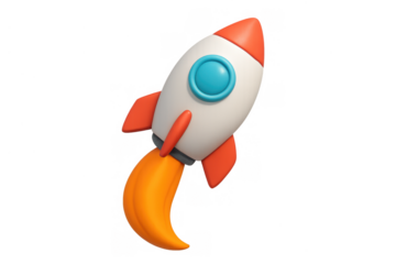 Cartoon rocket launching into space symbolizing business startup, innovation, success, speed, and new project concept on transparent background