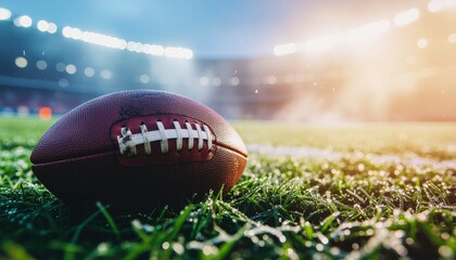 Closeup of a football resting on fresh green grass, soft morning mist, stadium lights blurred in background, shallow depth of field, clean sports wallpaper aesthetic, ultra high quality