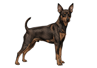 purebred miniature pinscher dog, stag red coat, classic show stance, detailed colored engraving style technical illustration on neutral background, concept of veterinary breed standards