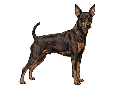 purebred miniature pinscher dog, stag red coat, classic show stance, detailed colored engraving style technical illustration on neutral background, concept of veterinary breed standards