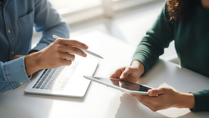 Collaborative Business Meeting, Professionals Engaging, Office Space, Photography, Bright Environment, Close-Up View, Teamwork Concept