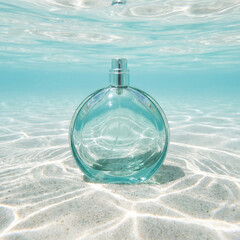 Obraz premium Submerged spherical glass perfume bottle mockup with a teal tint sitting on sand beneath clear water with shimmering sunlight and caustic light patterns