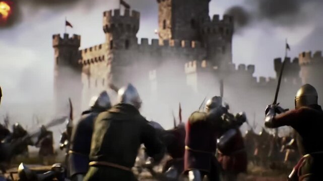 Intense medieval battle unfolds amidst castle siege, revealing chaotic conflict and fierce