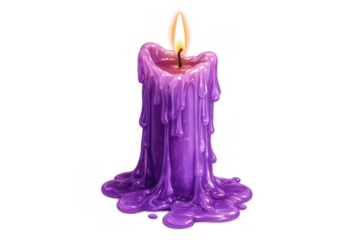 Burning purple candle with dripping wax creating a mystical light on transparent background