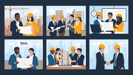 Business professionals collaborating on construction project with architects