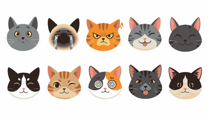 Ten cartoon cats with different facial expressions