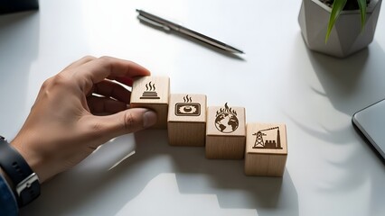 A hand arranging wooden blocks with icons on a white desk