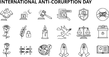 International Anti-Corruption Day Icons: Justice, Transparency, Peace, and Ethics Symbols