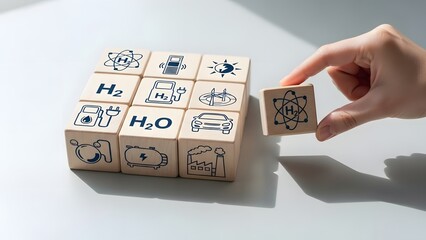Hand arranging wooden blocks with chemical symbols and molecular structures on a white surface