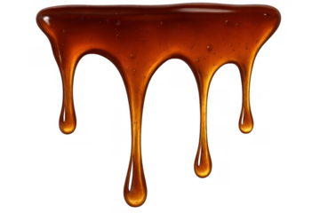 Golden liquid honey, caramel, or syrup dripping, creating a sweet and sticky texture with a transparent background