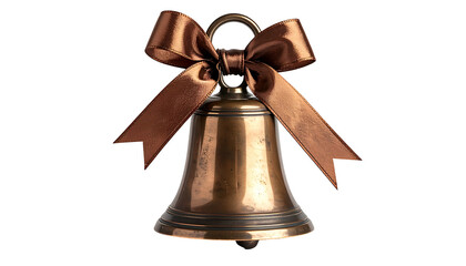 A bronze bell with a brown satin bow, isolated on a black background