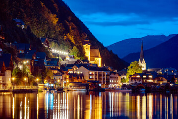 Hallstatt Village and Mountains at night - Hallstatt, Austria