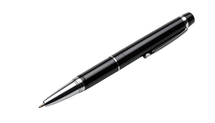 A sleek, black, metallic-accented writing instrument, positioned diagonally. Glossy finish. Dark background