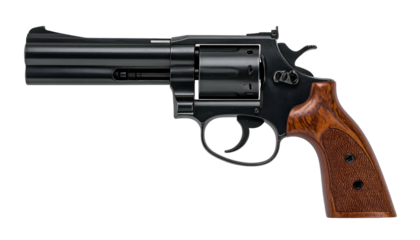 A dark, metallic handgun with a wooden grip, isolated on a black background