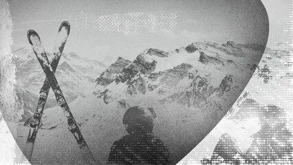 Ski vintage grunge noise effect art features snowy mountains with a skier silhouette and crossed skis on a winter peak.