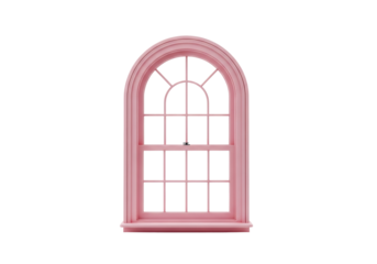 classic palladian arched window with a smooth matte pastel pink frame and pristine reflective glass, isolated on a shadowless white background. concept for interior design element