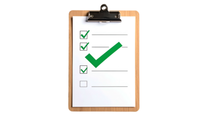 Wooden clipboard with white paper displaying a checklist, some items checked