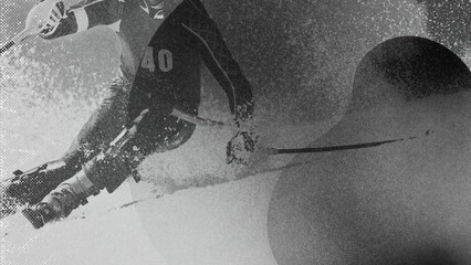 Grunge noise effect black and white ski illustration features a person skiing through a snowy...