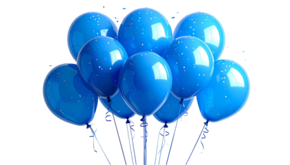 A cluster of shiny blue balloons with subtle glitter accents, against a black backdrop