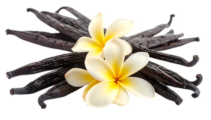 Vanilla beans and white flowers with yellow centers, isolated against black