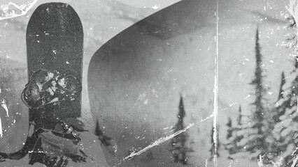 Snowboard equipment displays black and white tones and vintage effects with grunge texture and scratches in monochrome.