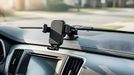 A smartphone mounted on a car's dashboard holder facing the windshield in daylight