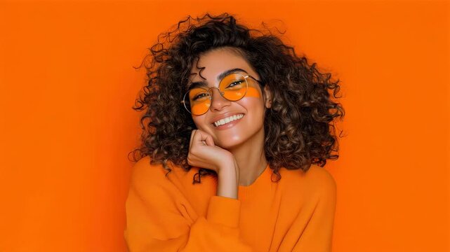 Joyful Young Woman With Curly Hair Wearing Orange Hoodie And Yellow Sunglasses Smiling Against Orange Background