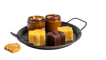 Dessert tray with layered custards, flower-shaped pastries, and cookie on a black backdrop