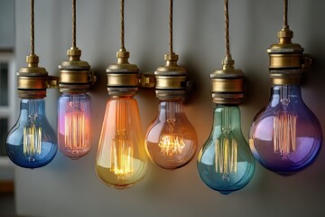 Obraz premium Colorful Vintage Light Bulbs Hanging in Stylish Interior Setting