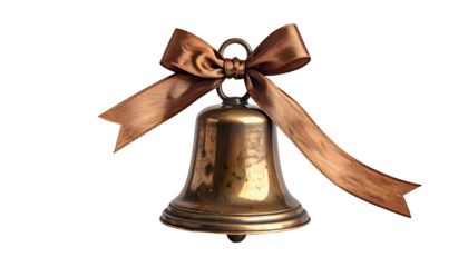 A vintage bronze bell adorned with a matching brown ribbon bow on a black background