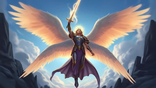 Majestic Angel Warrior Ascending Amidst Ethereal Clouds and Rocky Terrain, Wielding a Shining Sword