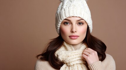 Elegant young woman in knitted cap and scarf, showcasing winter fashion, with warm tones and soft beauty in a cozy indoor setting