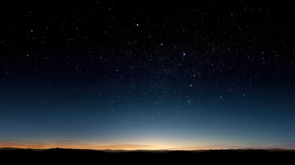 Naklejka premium Stunning Night Sky View with Starry Heaven and Twilight Horizon Over Mountain Landscape in Calm Atmosphere