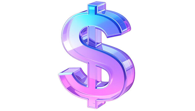 A translucent, vibrant dollar sign rendered in blue, purple, and pink against a black background