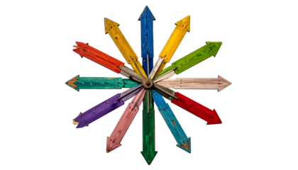 A radial arrangement of painted wooden arrows pointing in various directions against a black background