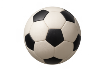 Classic soccer ball with traditional black and white panels, representing sport, game, competition, and healthy lifestyle, transparent background