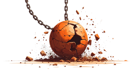 A brown sphere, breaking apart from impact, suspended by chains. Debris scatters