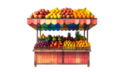 A colorful fruit stand overflowing with various fresh fruits under a striped awning