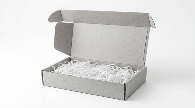 Blank open top-loading mailing box mockup made of mottled grey recycled cardboard on a white surface with white crinkle-cut paper and space for branding on the inner lid