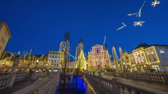 Ljubljana Slovenia time lapse night to day Christmas market at Preseren Square (Presernov trg)