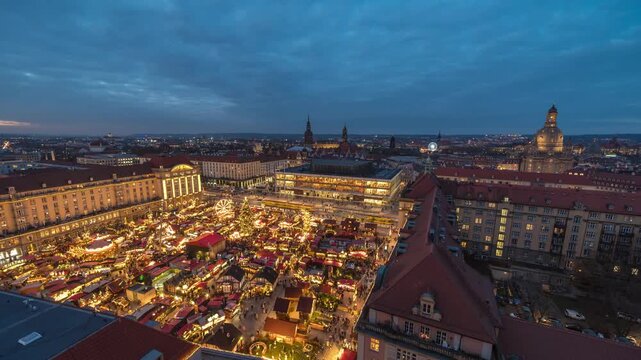 Dresden Germany time lapse day to night high angle view Christmas market at Altmarkt (Alt Market) Marktplatz