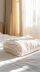 Muslin gauze blanket folded at foot of bed in calm bedroom interior  