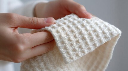 Hands gently squeezing waffle towel to show softness and thickness, concept of Waffle & gauze textiles  
